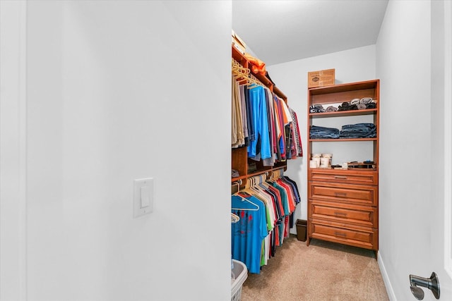 walk in closet featuring light carpet