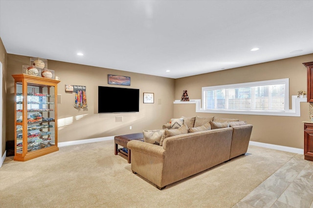 living room with light colored carpet