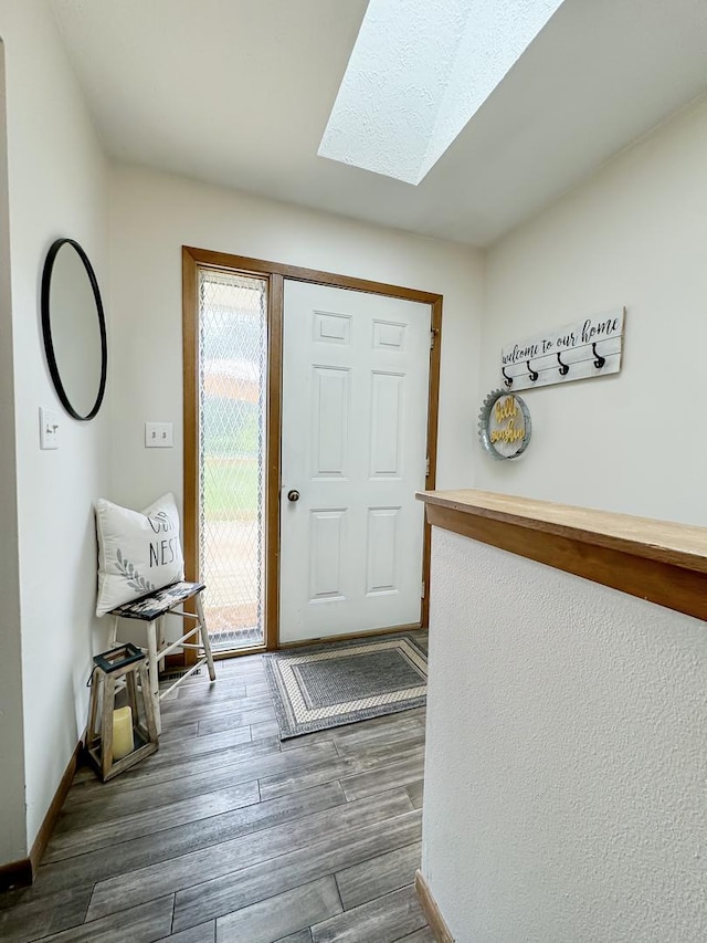 foyer entrance featuring a skylight and dark wood-type flooring