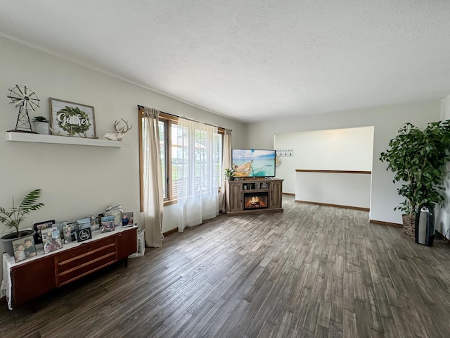 living room featuring a textured ceiling and dark hardwood / wood-style flooring