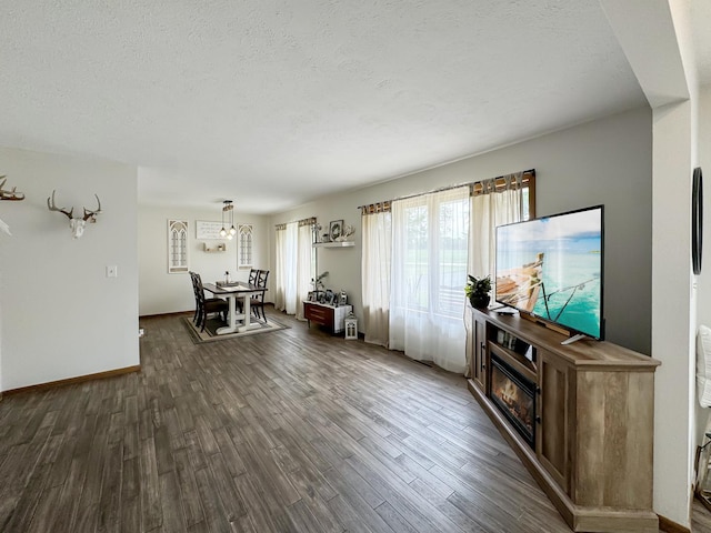 living room featuring dark hardwood / wood-style flooring and a textured ceiling