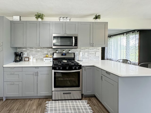 kitchen with gray cabinetry, kitchen peninsula, and appliances with stainless steel finishes