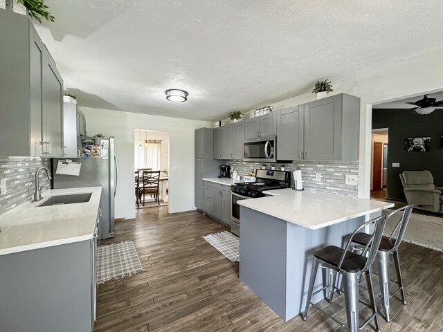 kitchen with gray cabinetry, a kitchen breakfast bar, sink, kitchen peninsula, and stainless steel appliances