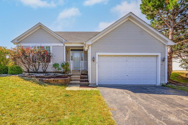 ranch-style home with a garage and a front yard