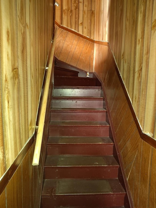 stairway with wood walls