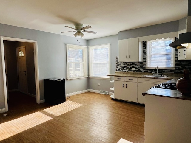 kitchen with tasteful backsplash, ceiling fan, sink, hardwood / wood-style floors, and white cabinetry