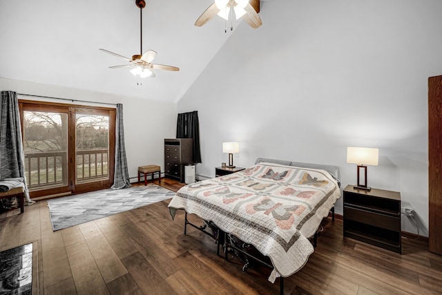 bedroom featuring high vaulted ceiling, access to outside, ceiling fan, baseboard heating, and dark hardwood / wood-style flooring