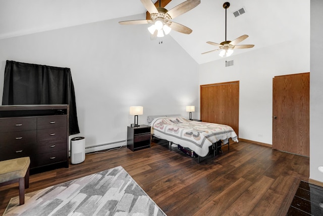 bedroom with high vaulted ceiling, dark hardwood / wood-style floors, baseboard heating, and ceiling fan