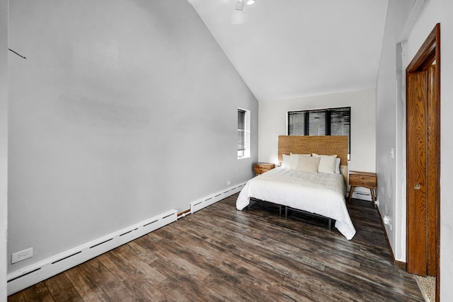 bedroom with dark wood-type flooring, high vaulted ceiling, and a baseboard radiator