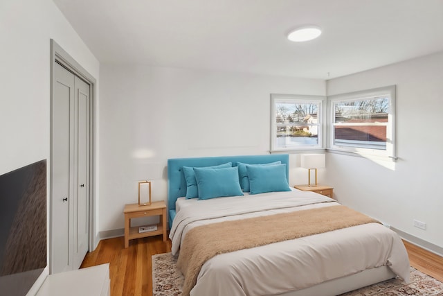 bedroom with wood-type flooring and a closet