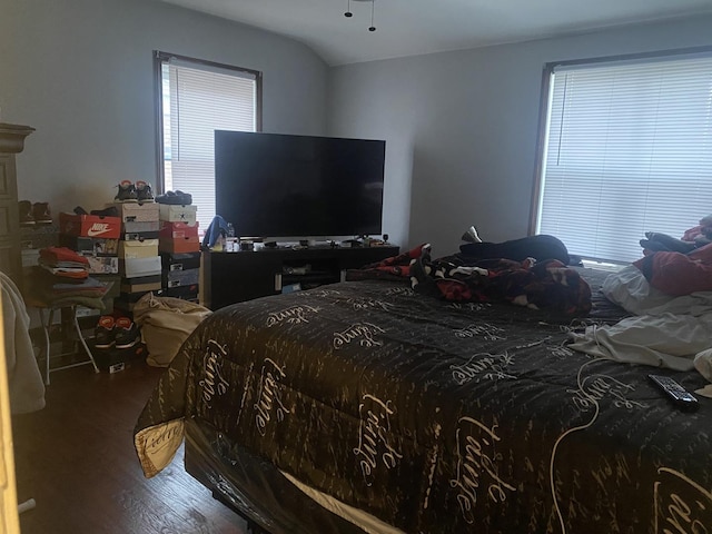 bedroom with hardwood / wood-style floors, lofted ceiling, and multiple windows