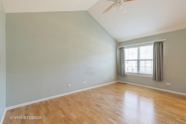 unfurnished room featuring vaulted ceiling, ceiling fan, and light hardwood / wood-style flooring