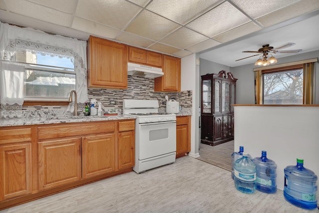 kitchen featuring white gas stove, a drop ceiling, sink, backsplash, and light hardwood / wood-style floors