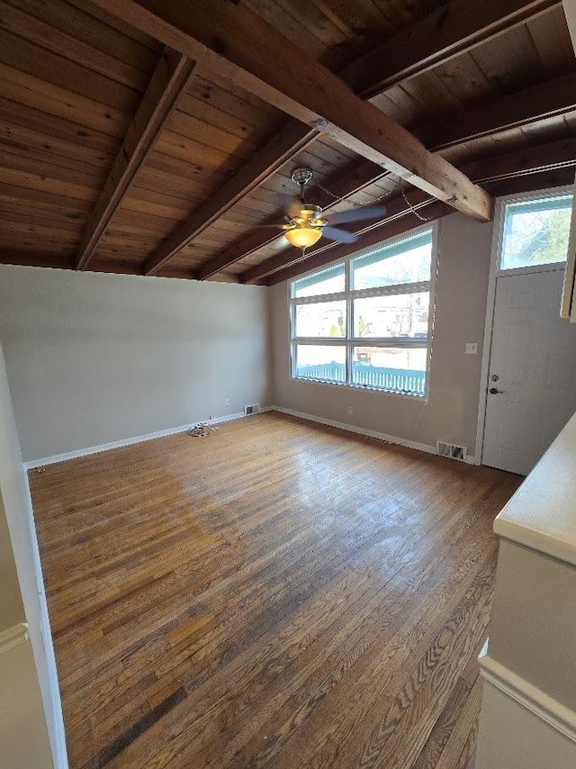 interior space with vaulted ceiling with beams, ceiling fan, wooden ceiling, and wood-type flooring