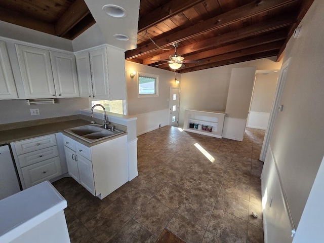 kitchen with white cabinetry, sink, ceiling fan, beamed ceiling, and wood ceiling