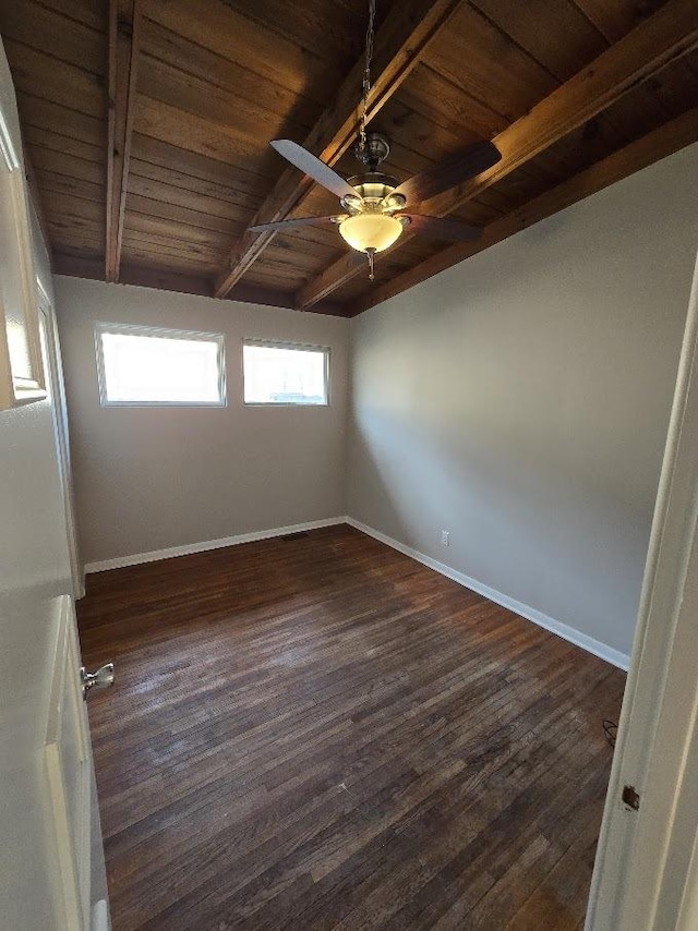 empty room with beam ceiling, ceiling fan, dark hardwood / wood-style flooring, and wood ceiling