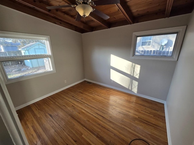 unfurnished room featuring hardwood / wood-style floors, lofted ceiling with beams, ceiling fan, and wooden ceiling