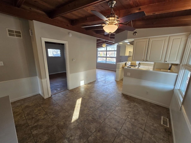 unfurnished room with ceiling fan, beamed ceiling, and wood ceiling