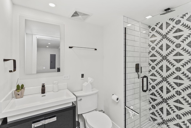 bathroom with toilet, an enclosed shower, vanity, and electric panel