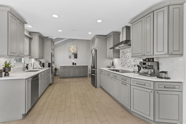 kitchen featuring wall chimney exhaust hood, stainless steel appliances, decorative backsplash, gray cabinets, and sink