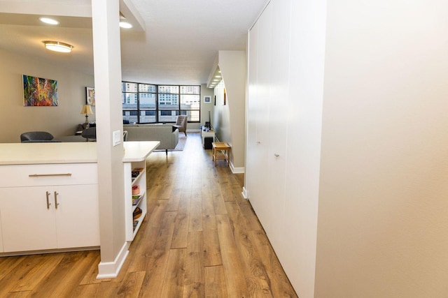 corridor featuring a wall of windows and light hardwood / wood-style flooring