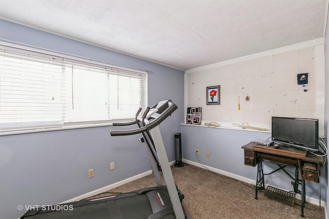 exercise room with carpet flooring and a textured ceiling