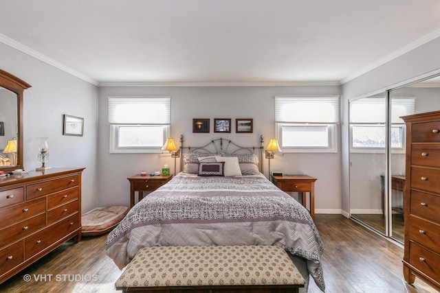 bedroom featuring crown molding, dark hardwood / wood-style flooring, and a closet