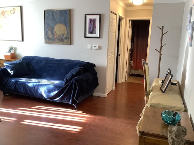 living room featuring ornamental molding and dark wood-type flooring