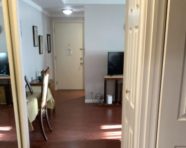 corridor featuring wood-type flooring and ornamental molding