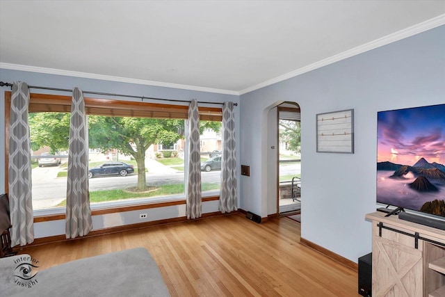 doorway to outside featuring light hardwood / wood-style flooring and ornamental molding