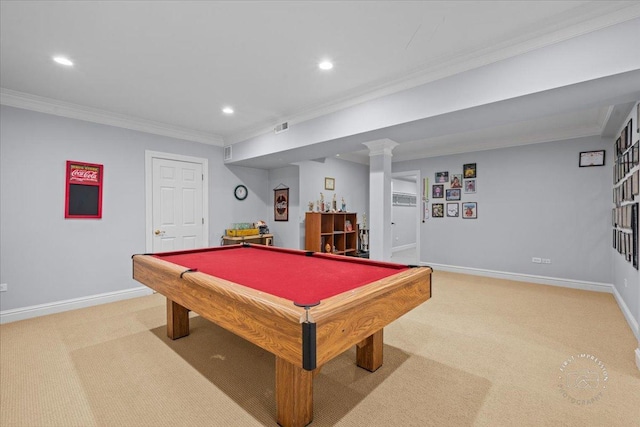 recreation room featuring billiards, crown molding, light carpet, and ornate columns