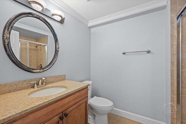 bathroom with toilet, an enclosed shower, tile patterned flooring, and crown molding