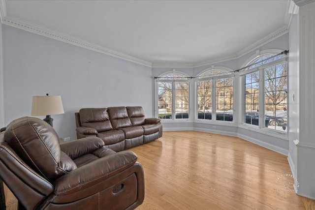 living room featuring light hardwood / wood-style floors and crown molding