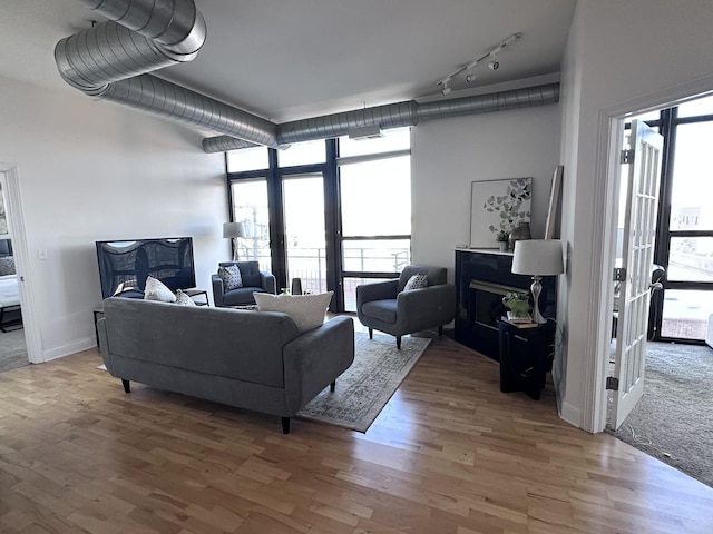 living room with french doors, rail lighting, and hardwood / wood-style flooring