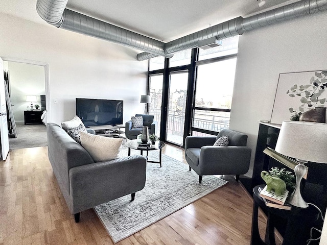 living room with light hardwood / wood-style floors and expansive windows