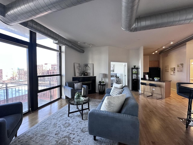 living room featuring floor to ceiling windows and hardwood / wood-style floors