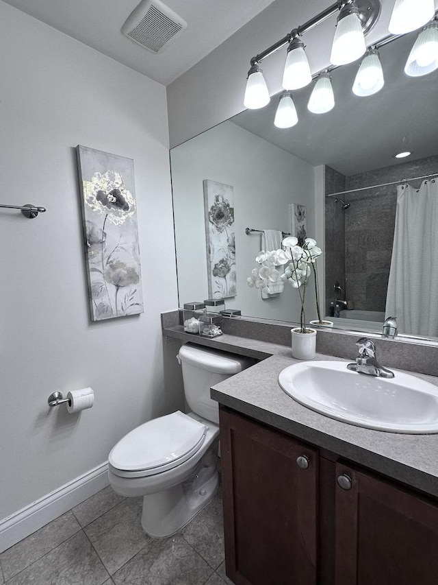 full bathroom featuring toilet, tile patterned flooring, shower / bathtub combination with curtain, and vanity