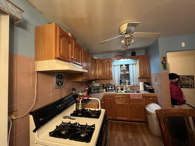 kitchen featuring decorative backsplash, dark hardwood / wood-style flooring, white gas range, ceiling fan, and sink