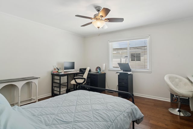 bedroom featuring ceiling fan, dark hardwood / wood-style flooring, and ornamental molding