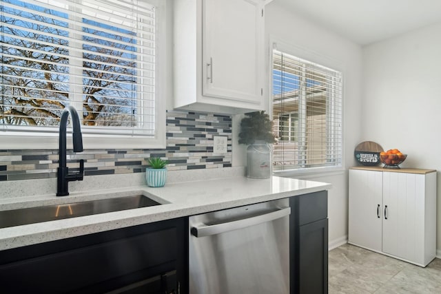 kitchen featuring white cabinetry, dishwasher, backsplash, and sink