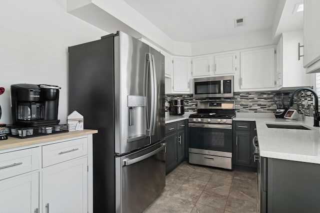 kitchen with white cabinets, backsplash, appliances with stainless steel finishes, and sink