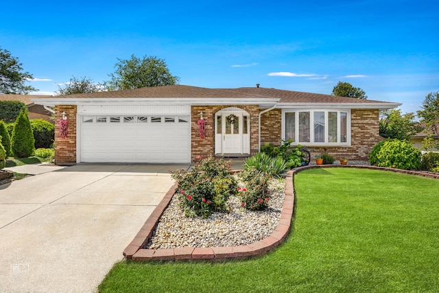 ranch-style home with a garage and a front yard