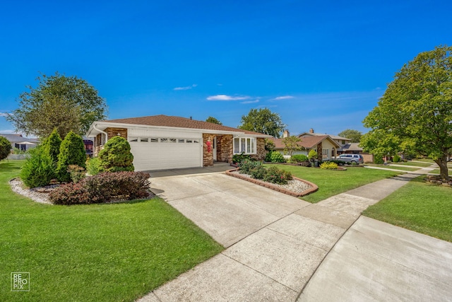 ranch-style home with a front yard and a garage