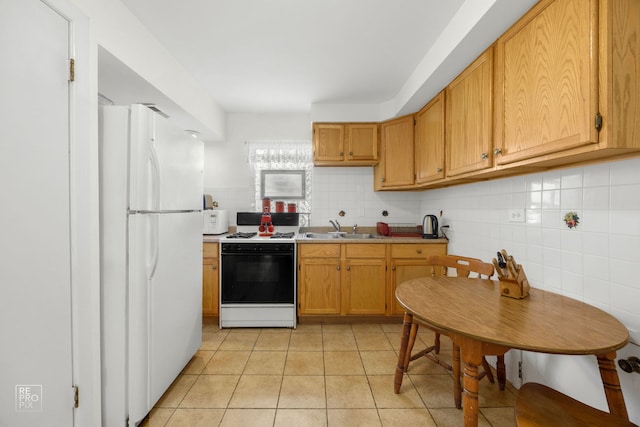 kitchen featuring light tile patterned floors, white appliances, backsplash, and sink