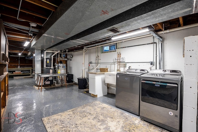 laundry area with gas water heater, independent washer and dryer, and heating unit