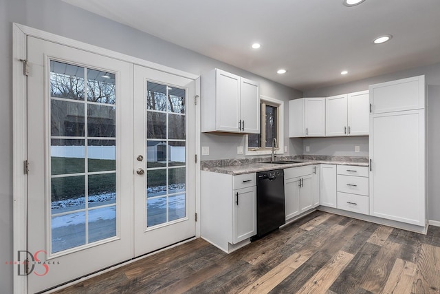 kitchen with white cabinetry, french doors, dishwasher, sink, and dark hardwood / wood-style floors