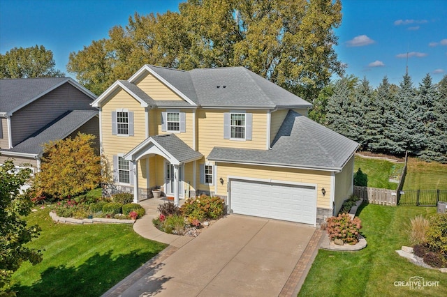 view of front of house featuring a porch, a front yard, and a garage