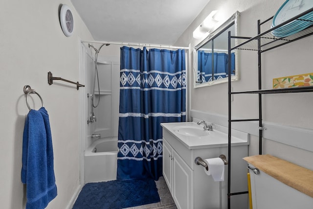 bathroom with vanity and shower / bath combination with curtain