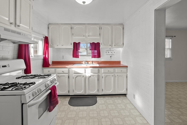 kitchen with white cabinetry, a wealth of natural light, gas range gas stove, and sink