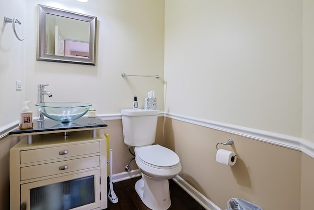 bathroom with hardwood / wood-style flooring, vanity, and toilet